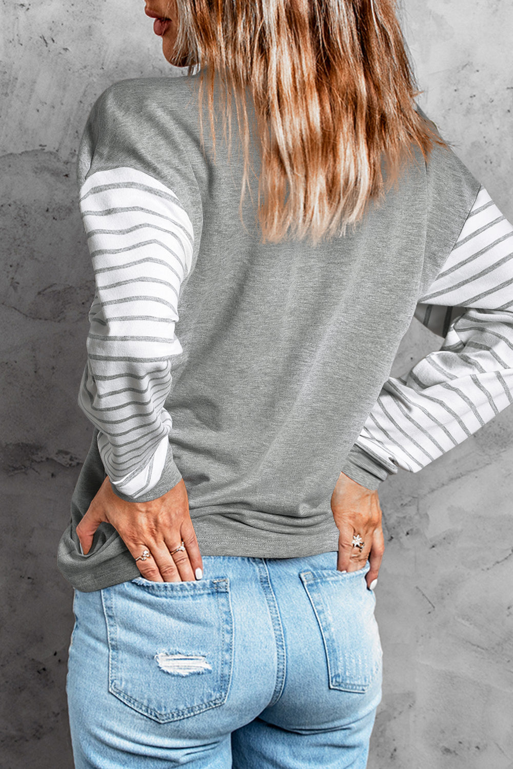 Casual Gray Striped Star Print Patchwork Long Sleeve Top