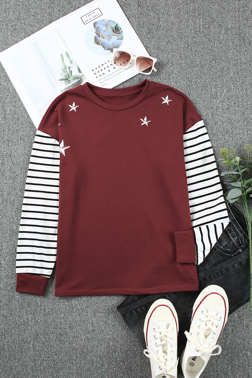 Woman’s Red Striped Star Print Patchwork Long Sleeve Top