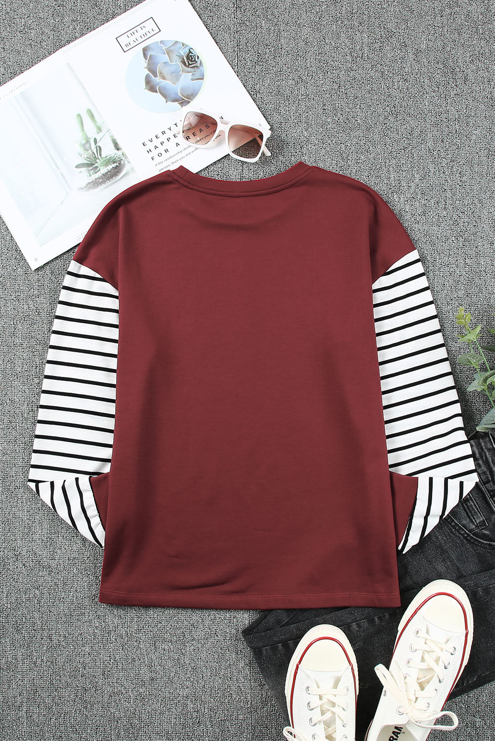Woman’s Red Striped Star Print Patchwork Long Sleeve Top