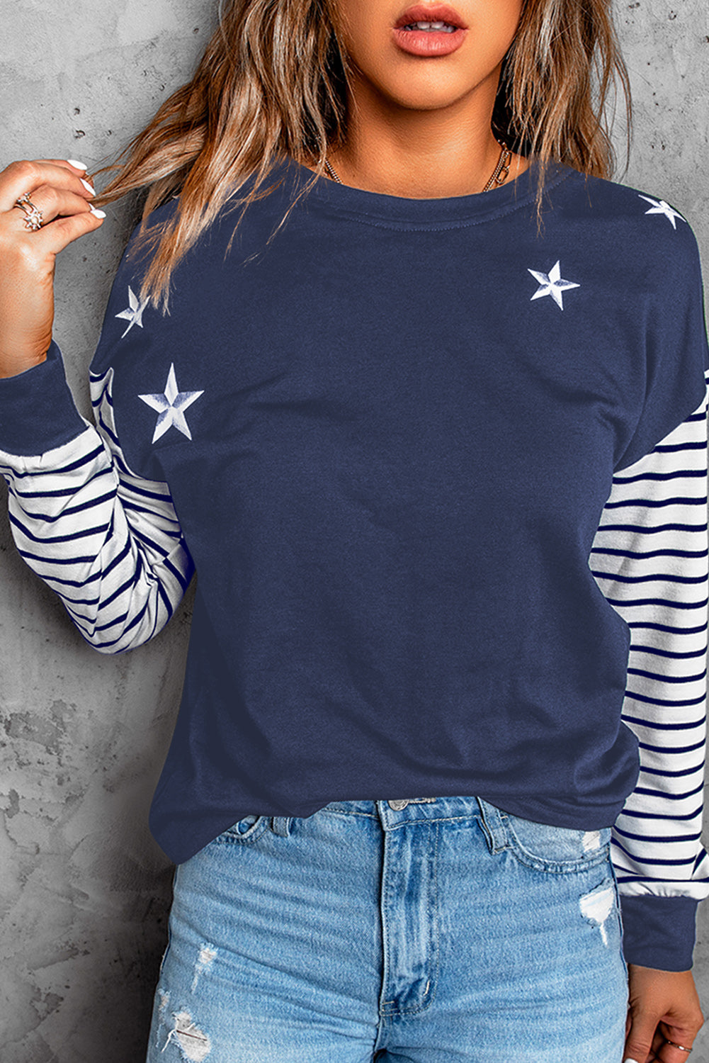 Casual Blue Striped Star Print Patchwork Long Sleeve Top