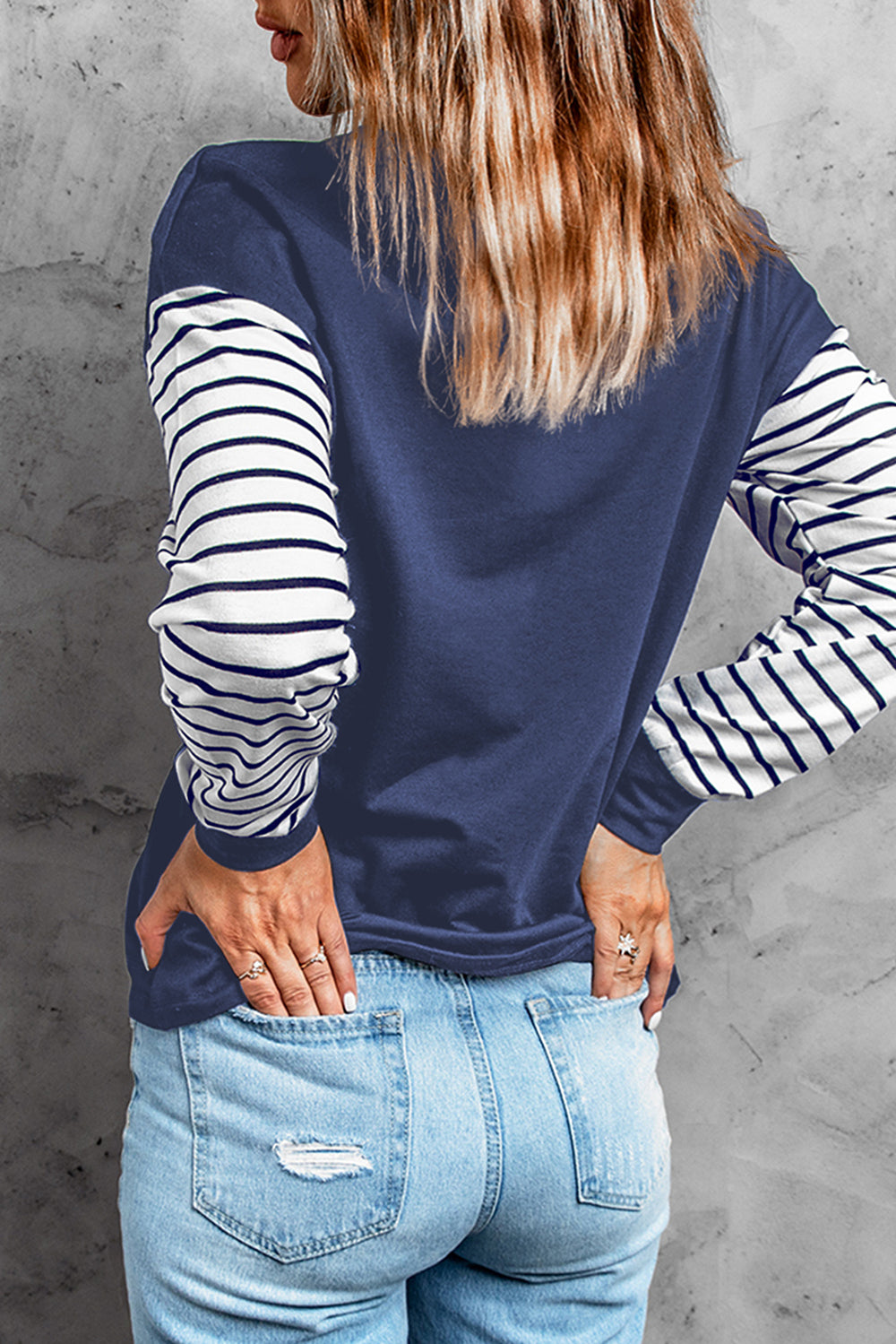 Casual Blue Striped Star Print Patchwork Long Sleeve Top