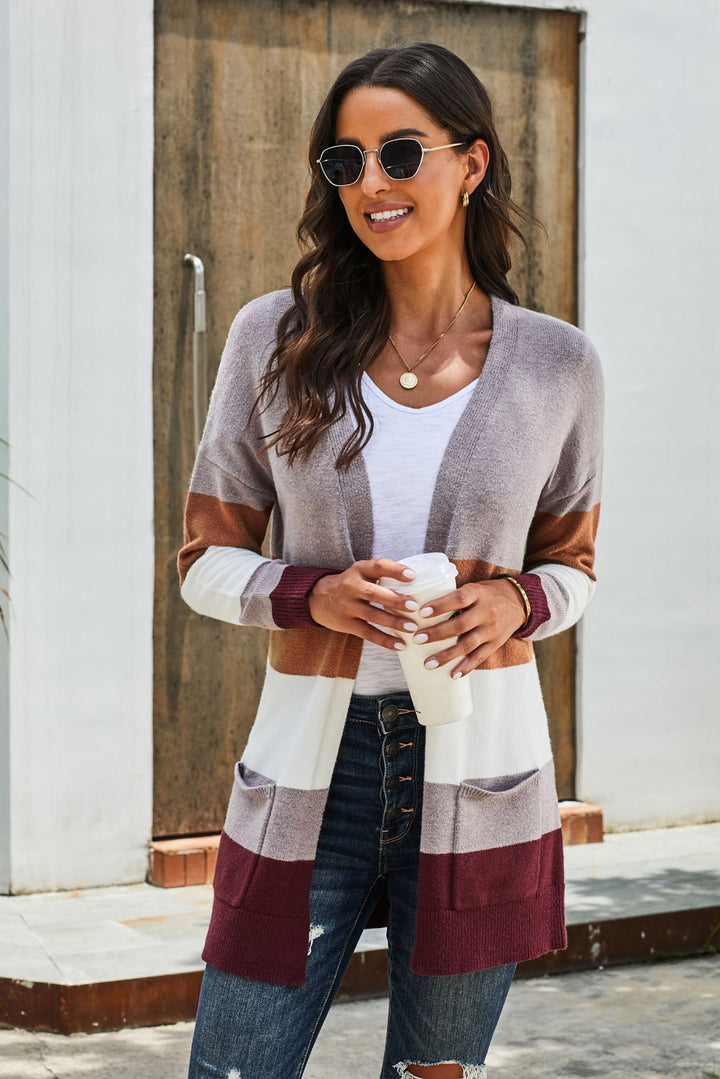 Casual Gray Colorblock Open Front Cardigan with Pockets