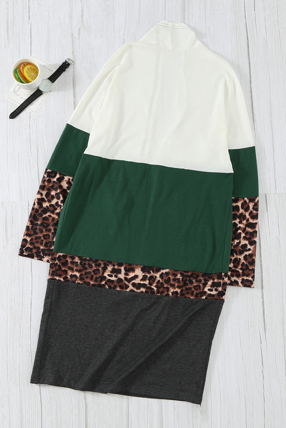 Green Colorblock Leopard Print Patchwork Knit Cardigan
