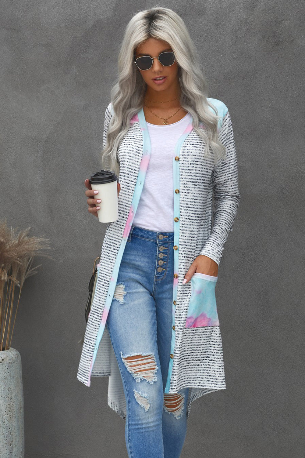 Casual Tie-dye Patchwork Striped Long Cardigan