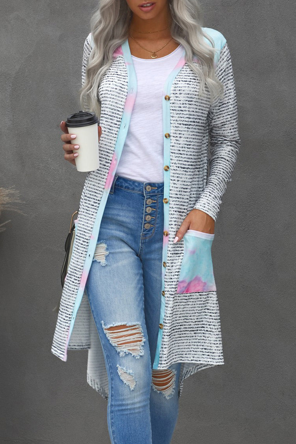 Casual Tie-dye Patchwork Striped Long Cardigan