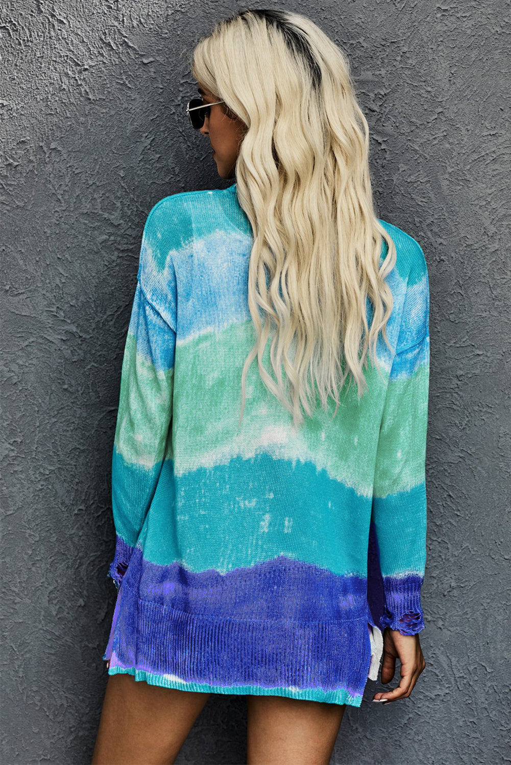 Blue Rainbow Ombre Pockets Buttoned Cardigan