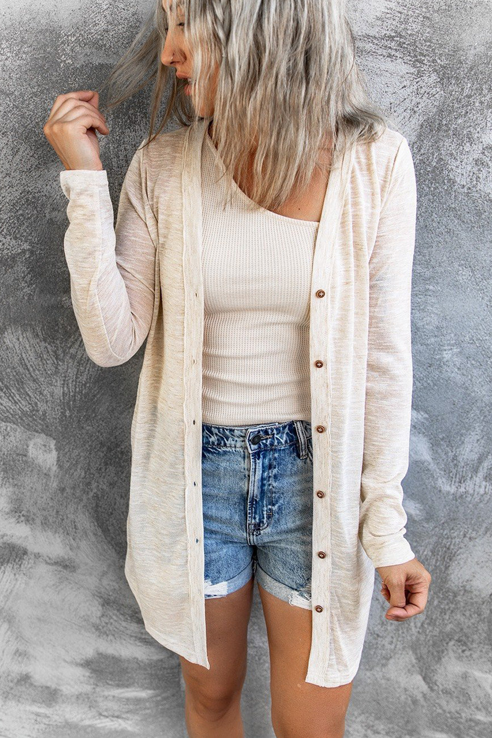 Comfy Beige Solid Color Open-Front Buttons Cardigan