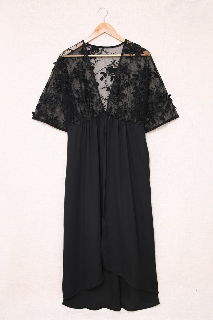 Black Floral Mesh Lace Crochet Open Front Long Kimono