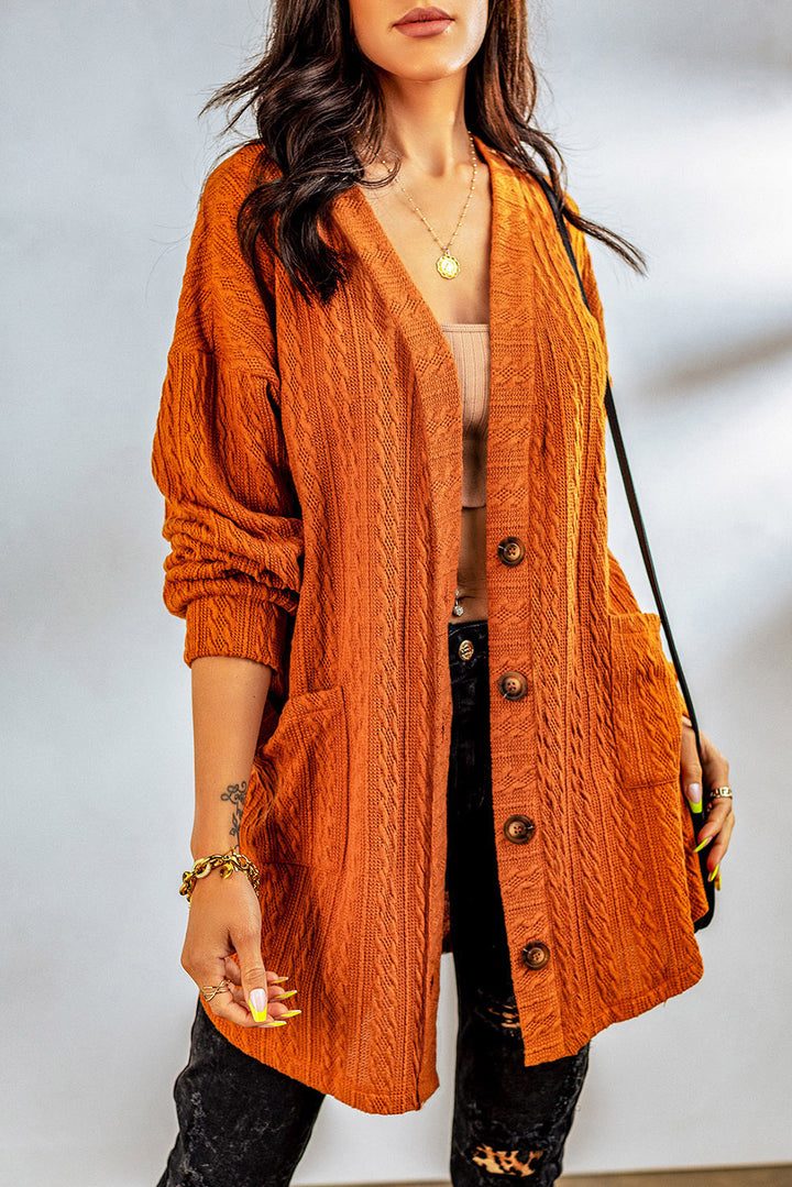 Brown Button Front Pocketed Cable Knit Cardigan