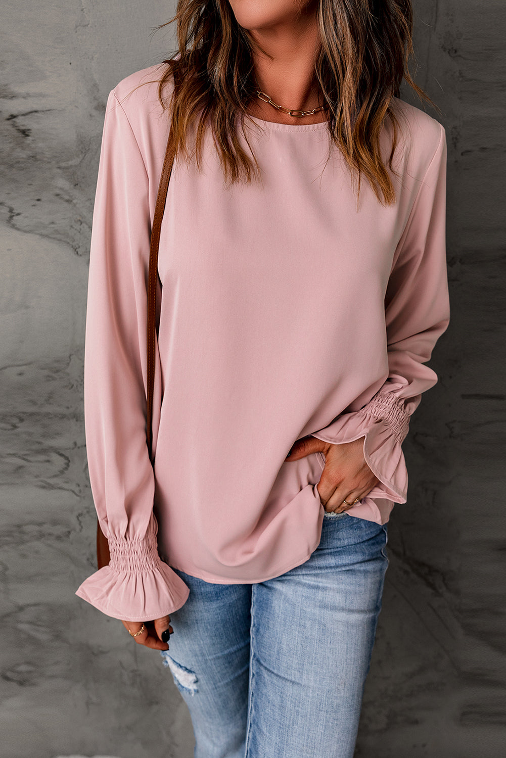 Pink Crew Neck Ruffle Bubble Sleeve Blouse Top