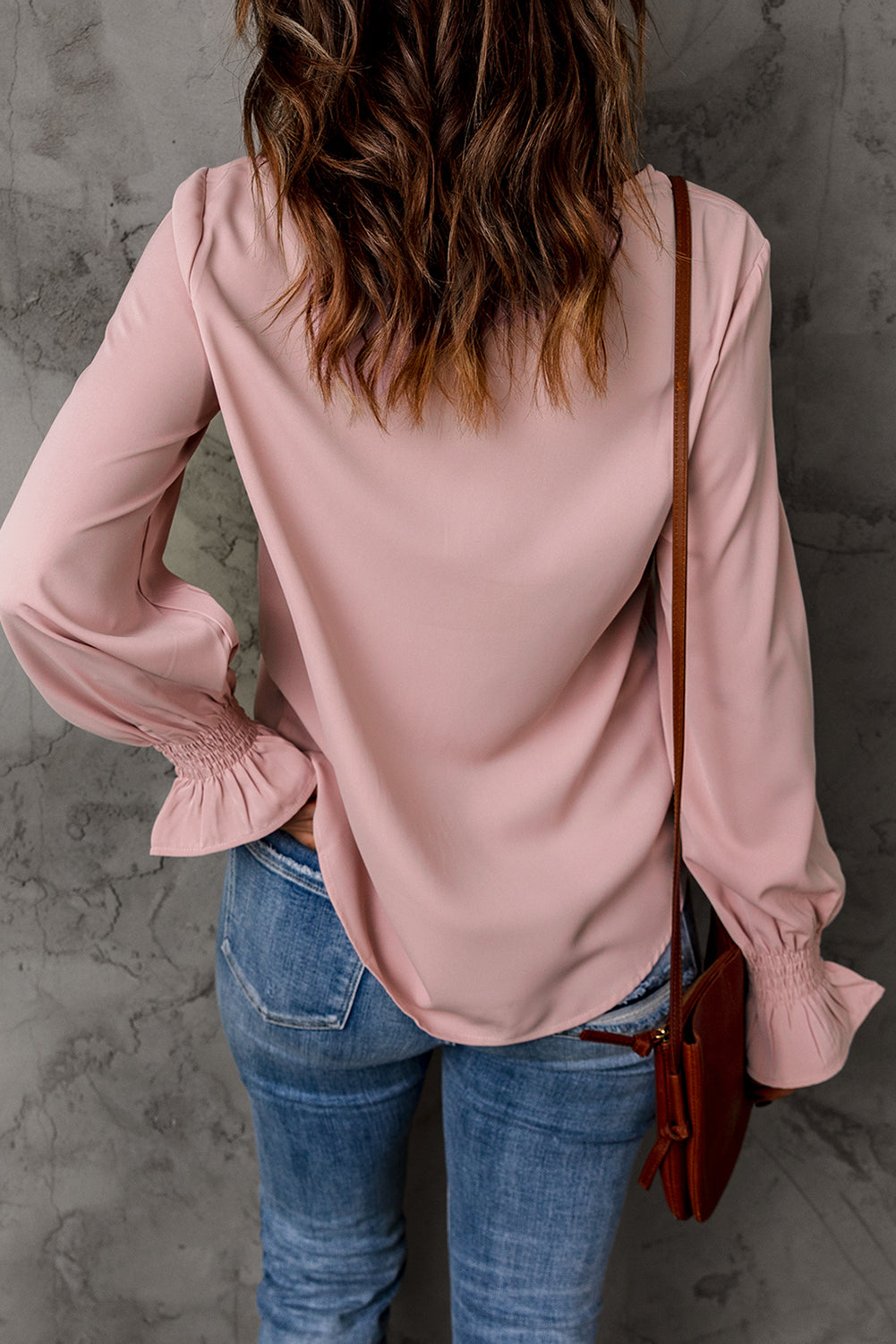 Pink Crew Neck Ruffle Bubble Sleeve Blouse Top