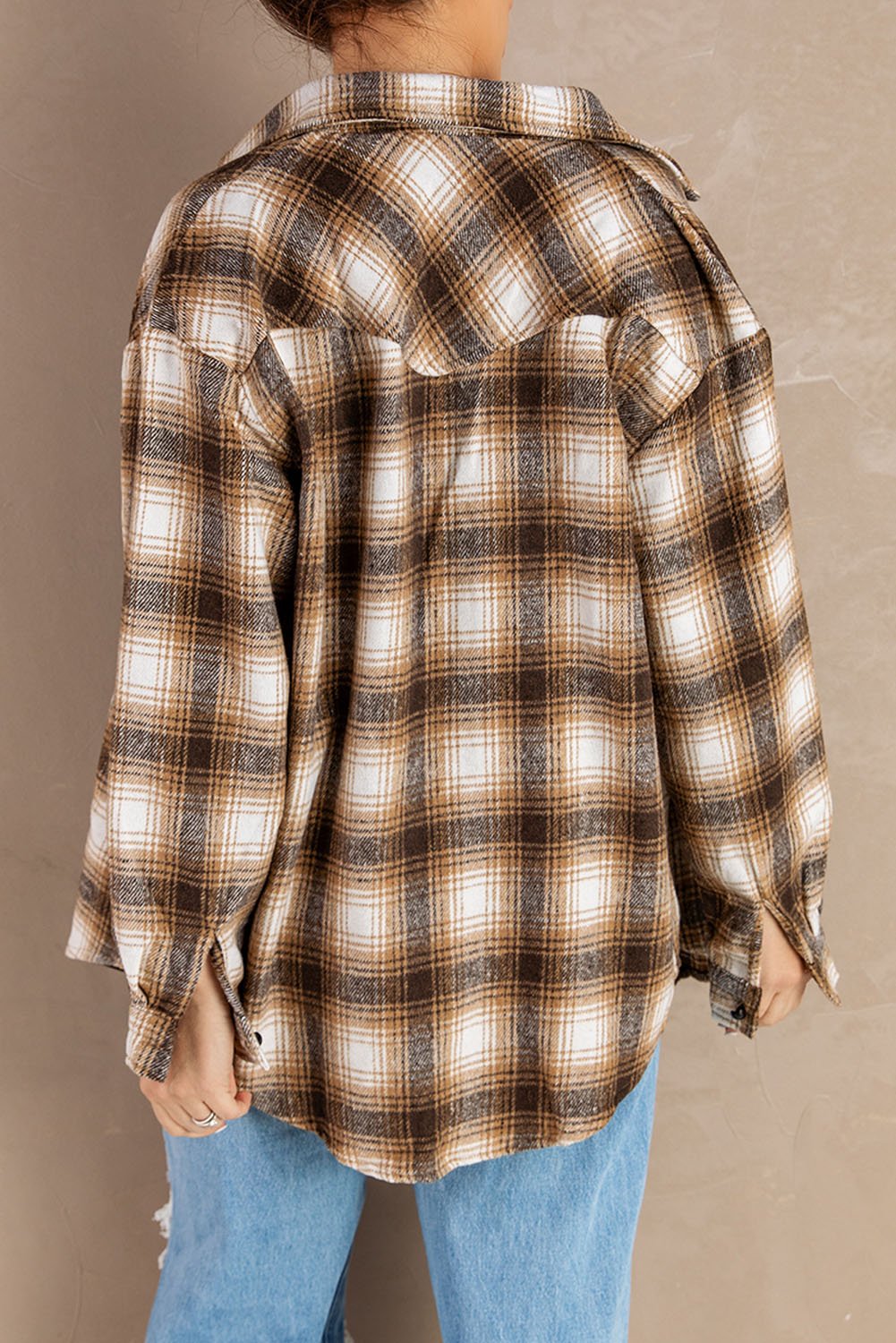 Brown Buttons Pocketed Plaid Shacket