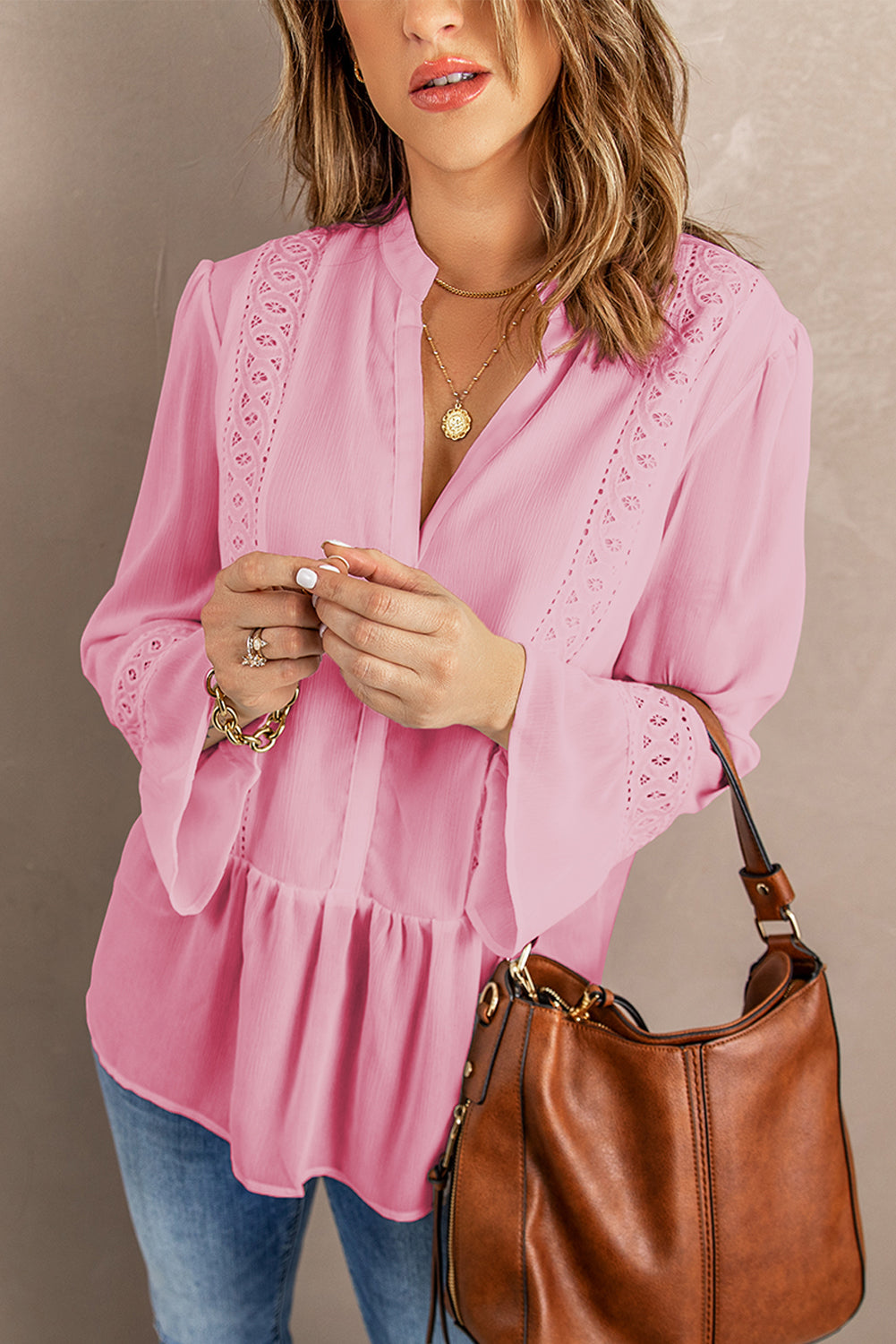 Pink Lace Ruffed Long Sleeve V Neck Shirt