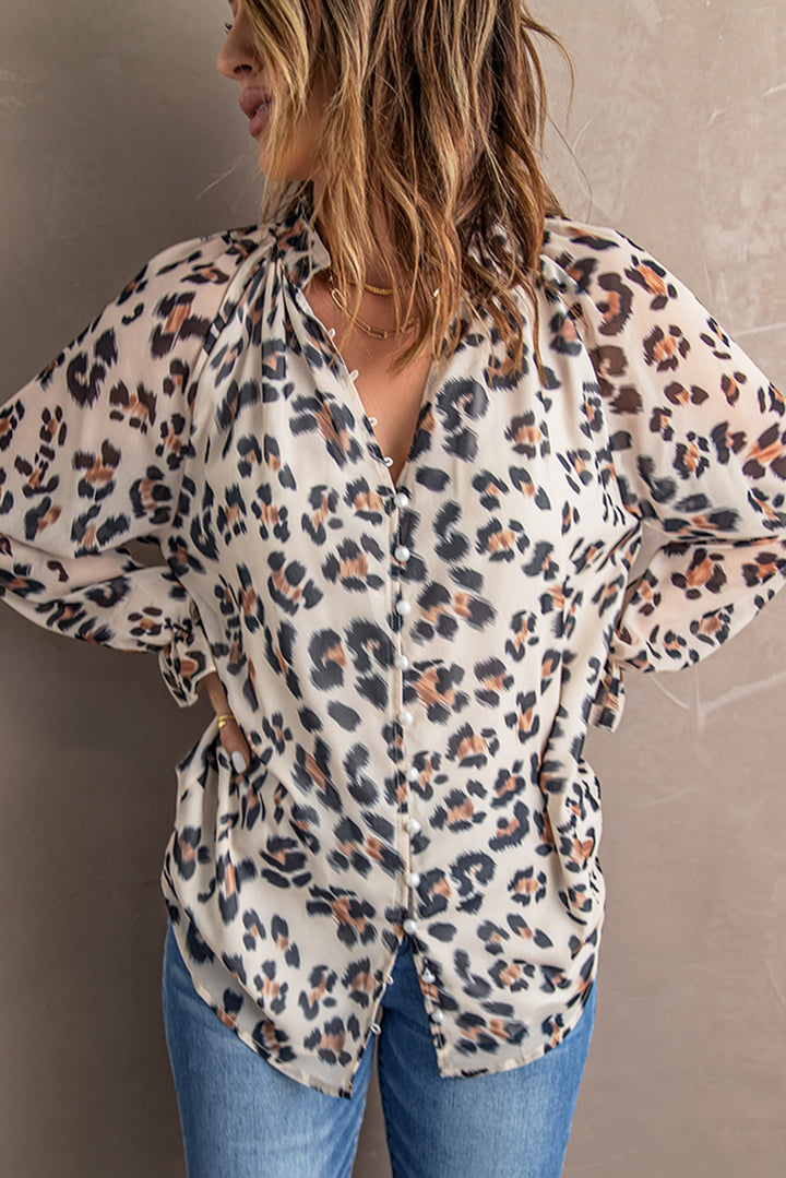 Leopard Print Lantern Sleeve Buttons Shirt