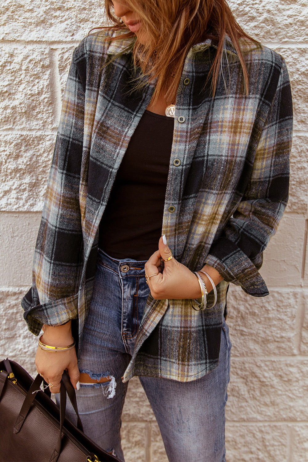 Black Oversize Rounded Hem Plaid Shirt