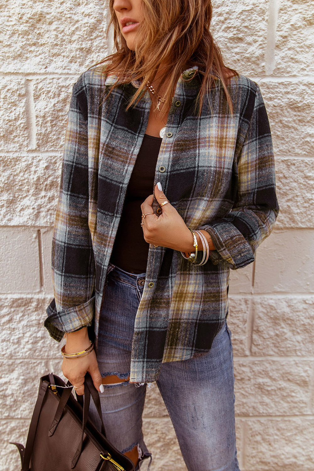 Black Oversize Rounded Hem Plaid Shirt