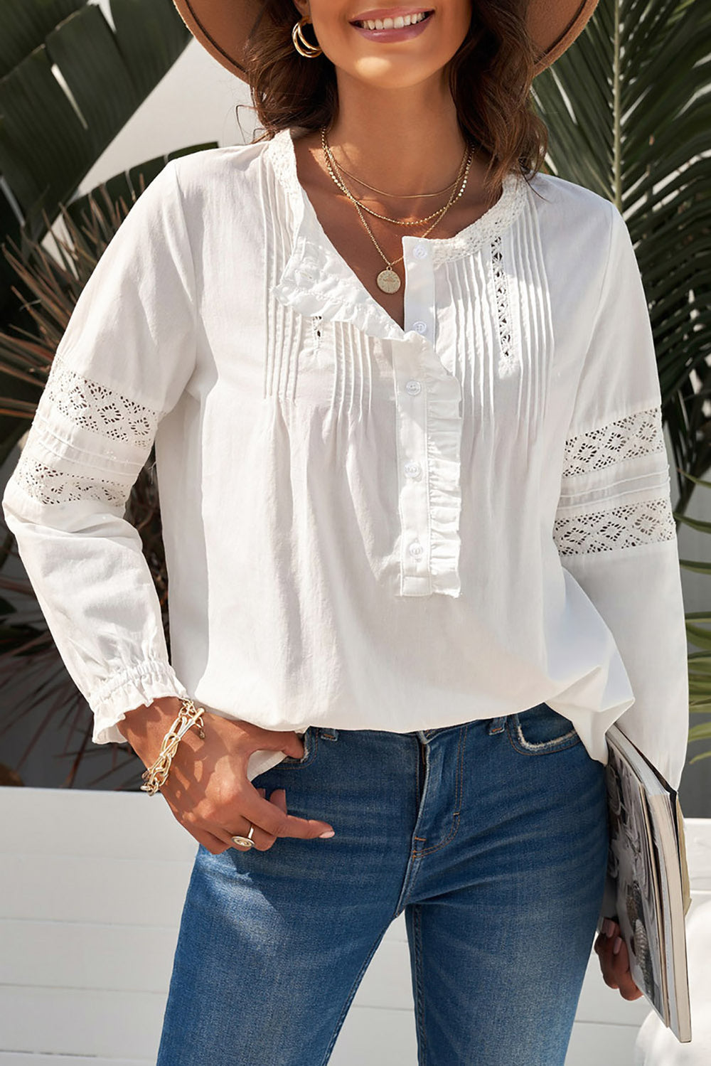 White Boho Lace Crochet Button-up Long Sleeve Shirt