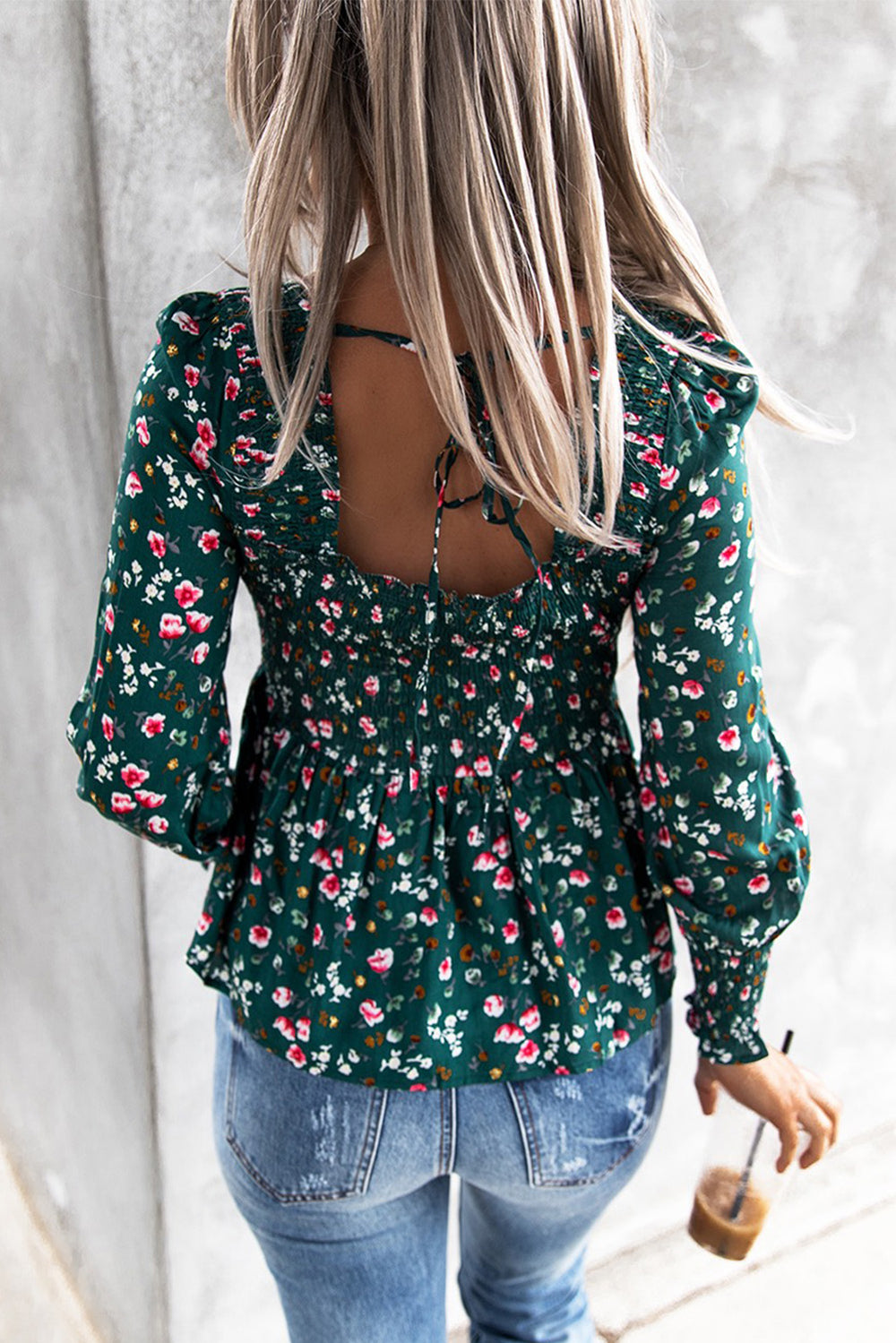Floral Print Smocked Lace-up Square Neck Long Sleeve Top