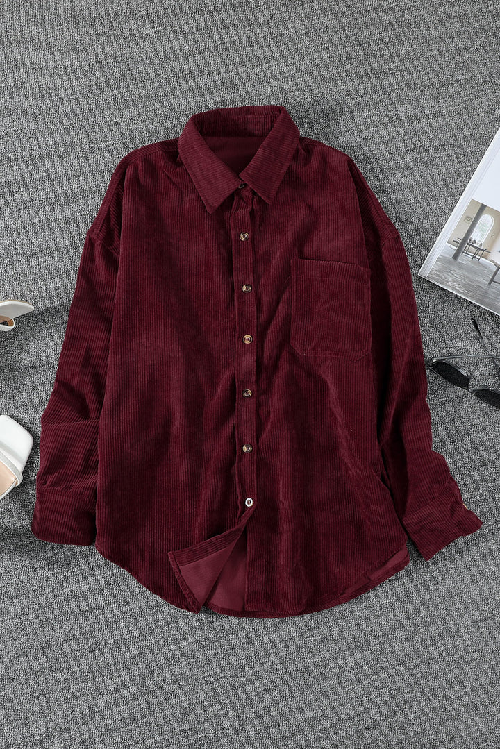 Women's Wine Red Corduroy Button Pocket Shirt