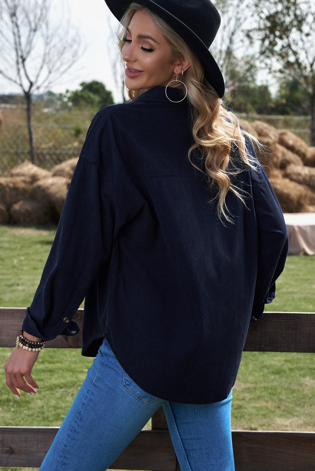 Womens Dark Blue Button Pocket Corduroy Shirt