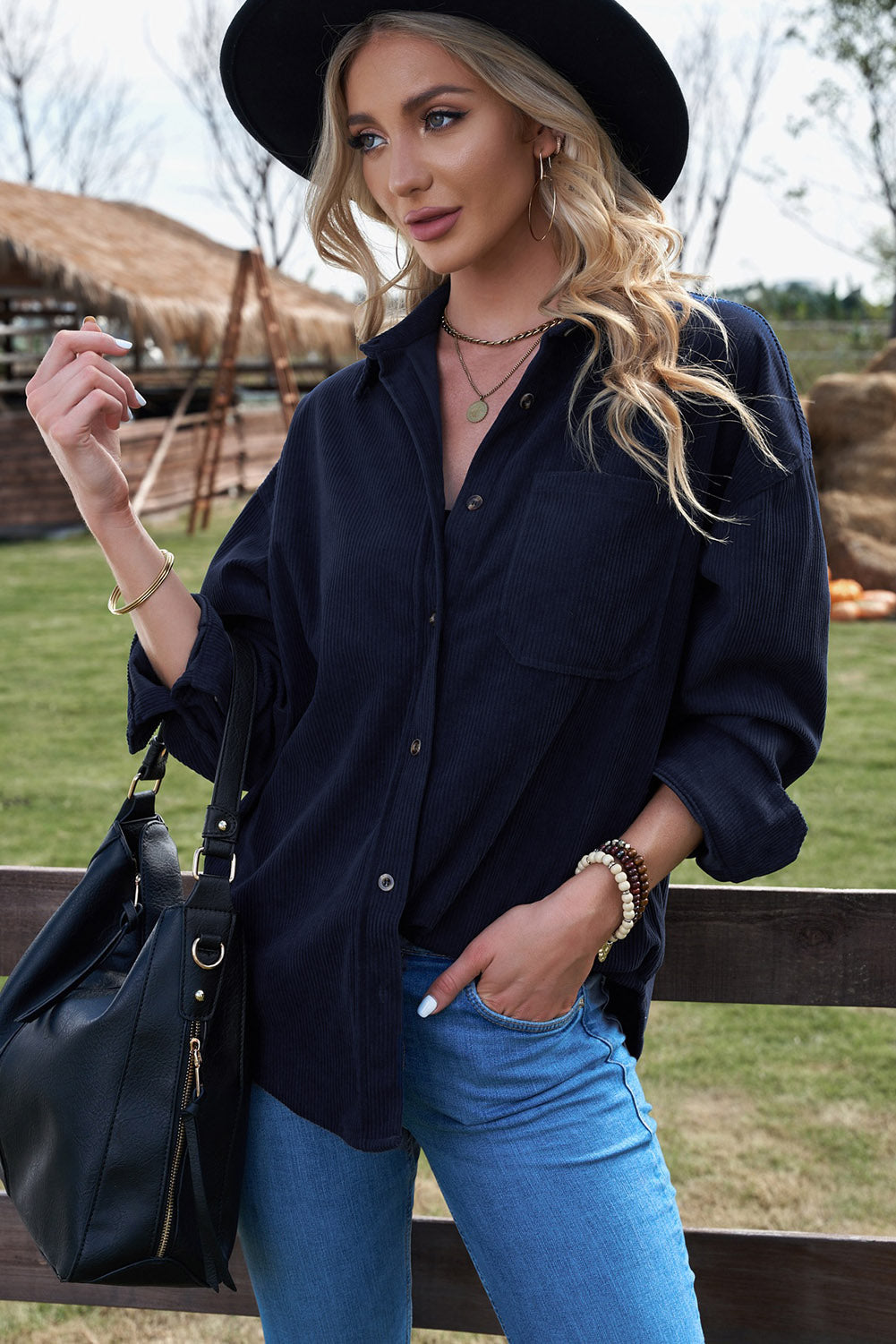 Womens Dark Blue Button Pocket Corduroy Shirt
