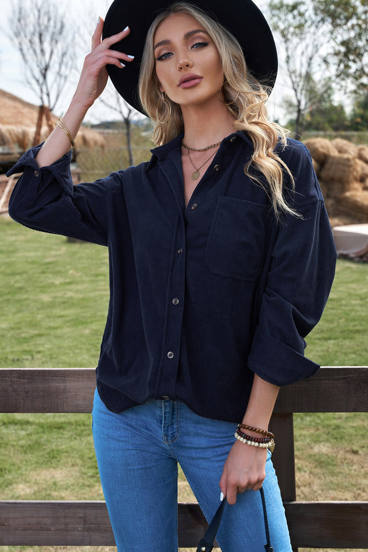 Womens Dark Blue Button Pocket Corduroy Shirt