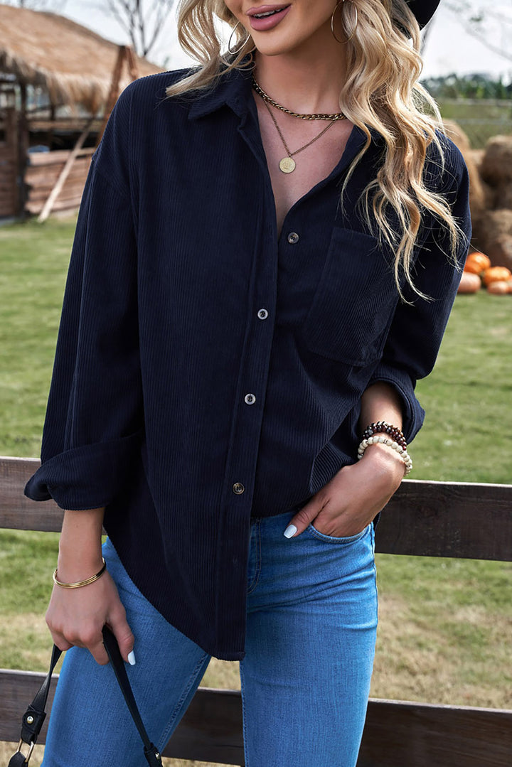 Womens Dark Blue Button Pocket Corduroy Shirt