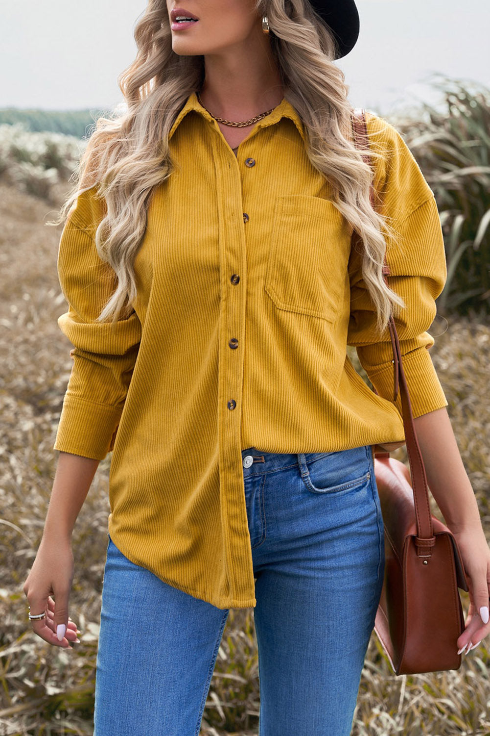 Womens Yellow Button Pocket Corduroy Shirt