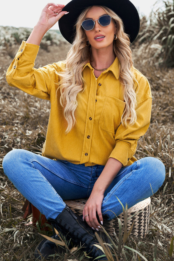 Womens Yellow Button Pocket Corduroy Shirt