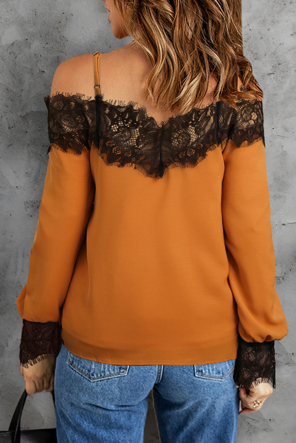 Brown Long Sleeve Lace Cold Shoulder Blouse