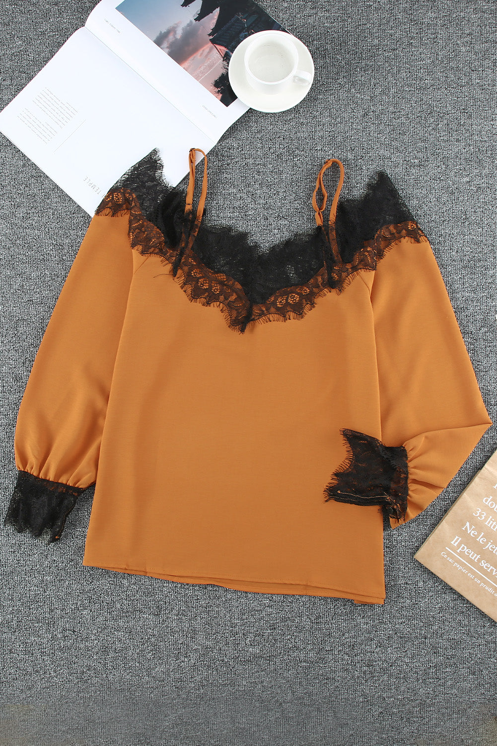 Brown Long Sleeve Lace Cold Shoulder Blouse