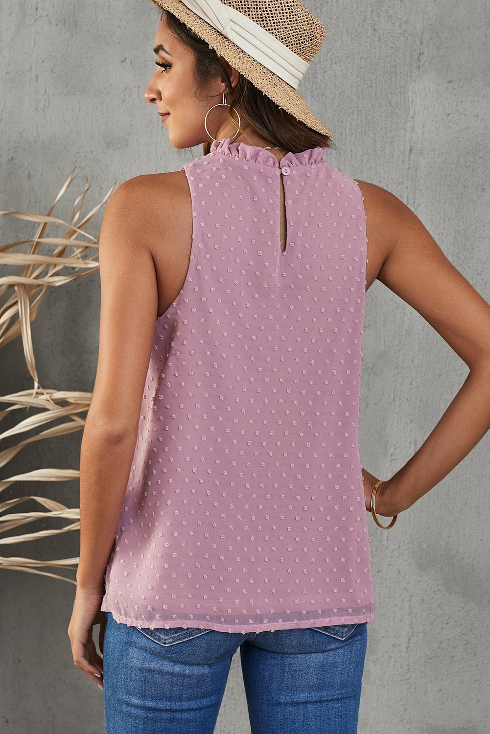 Cute Pink Swiss Dot Sleeveless Ruffle Tank
