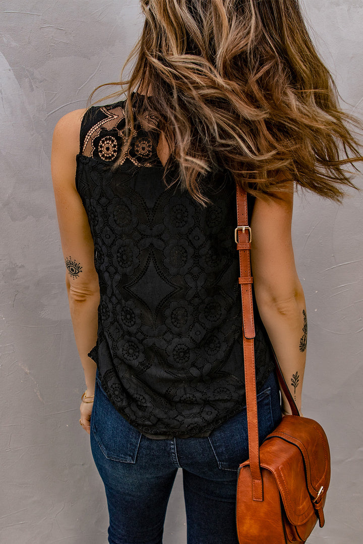 Black Lace Hollow Out Sleeveless Tank Top