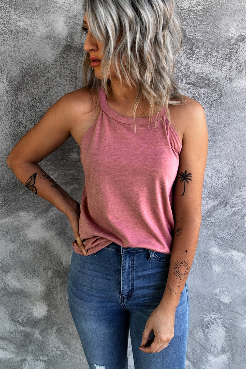Summer Pink Solid Color Crew Neck Tank Top
