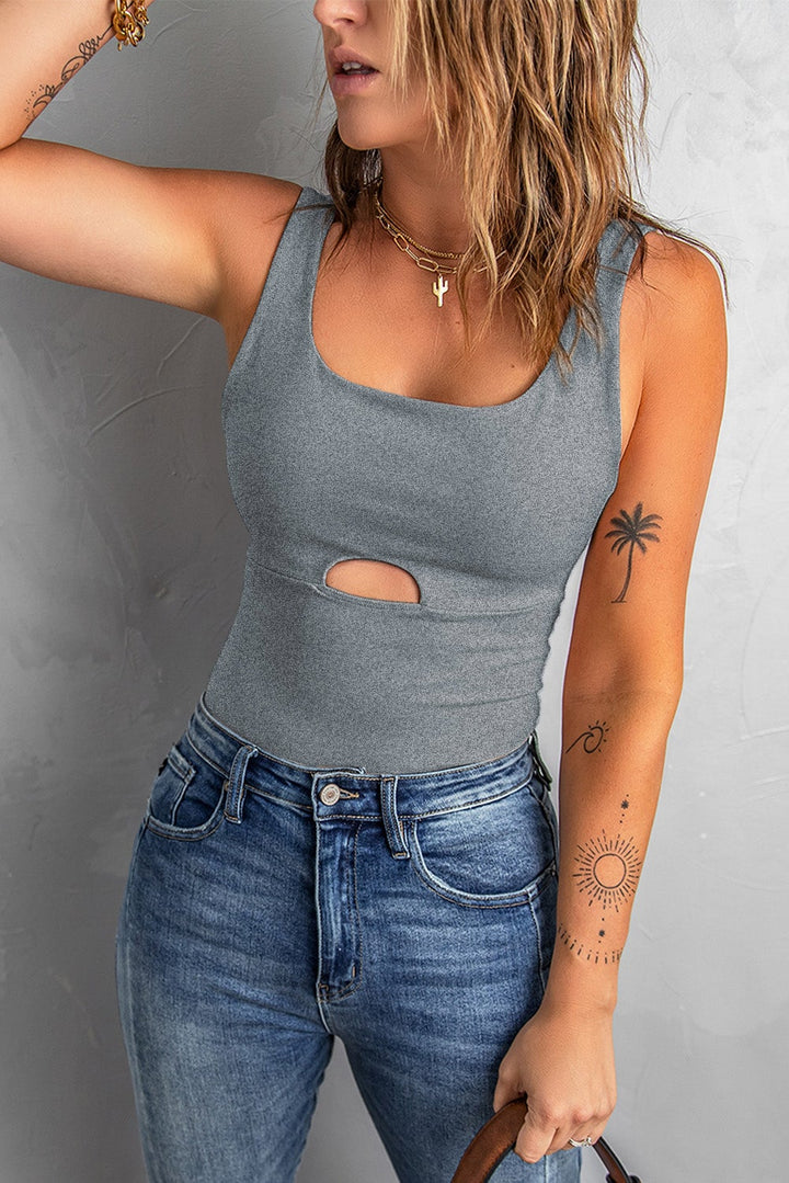Gray Solid Cut-out U Neck Slim-fit Tank Top