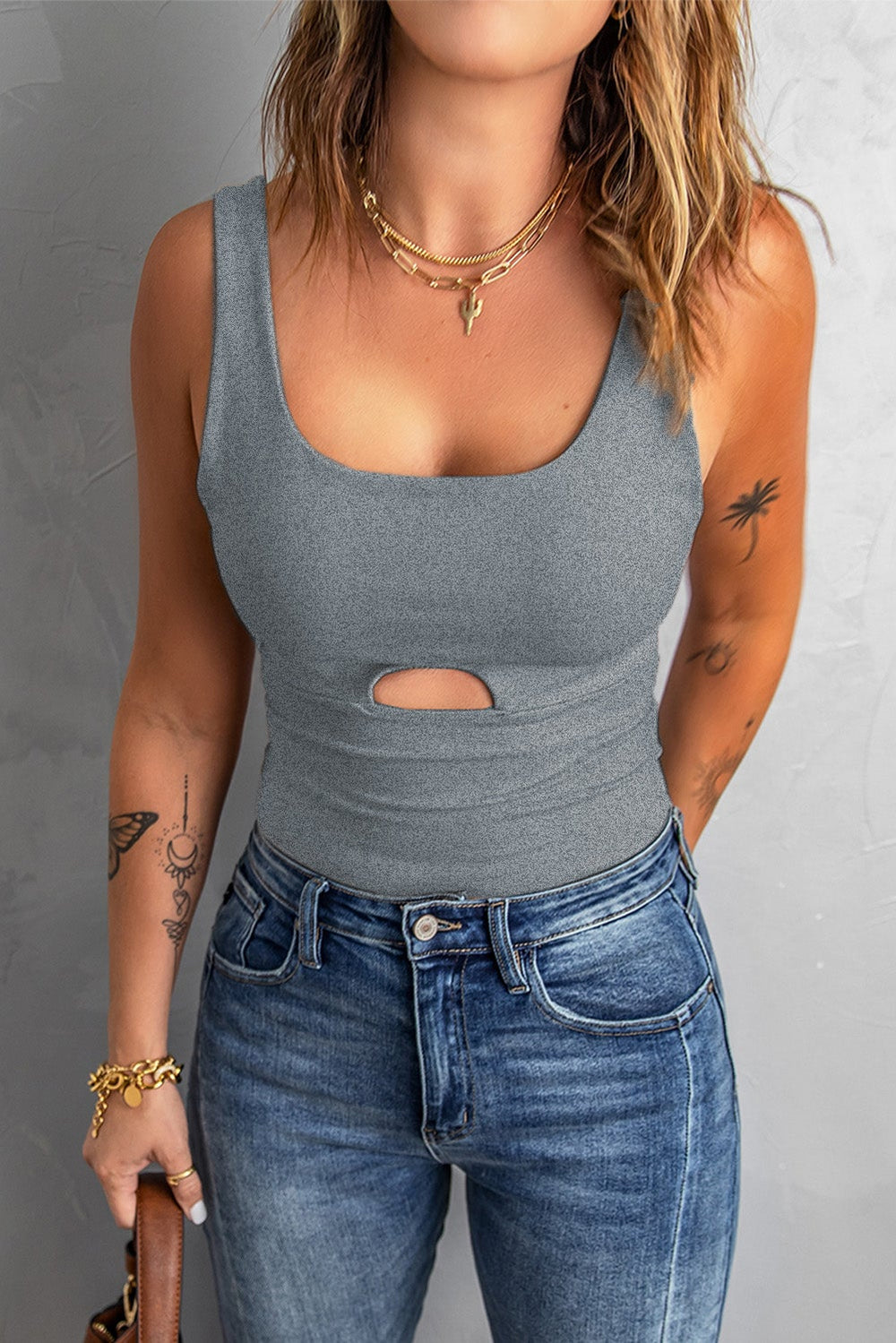 Gray Solid Cut-out U Neck Slim-fit Tank Top