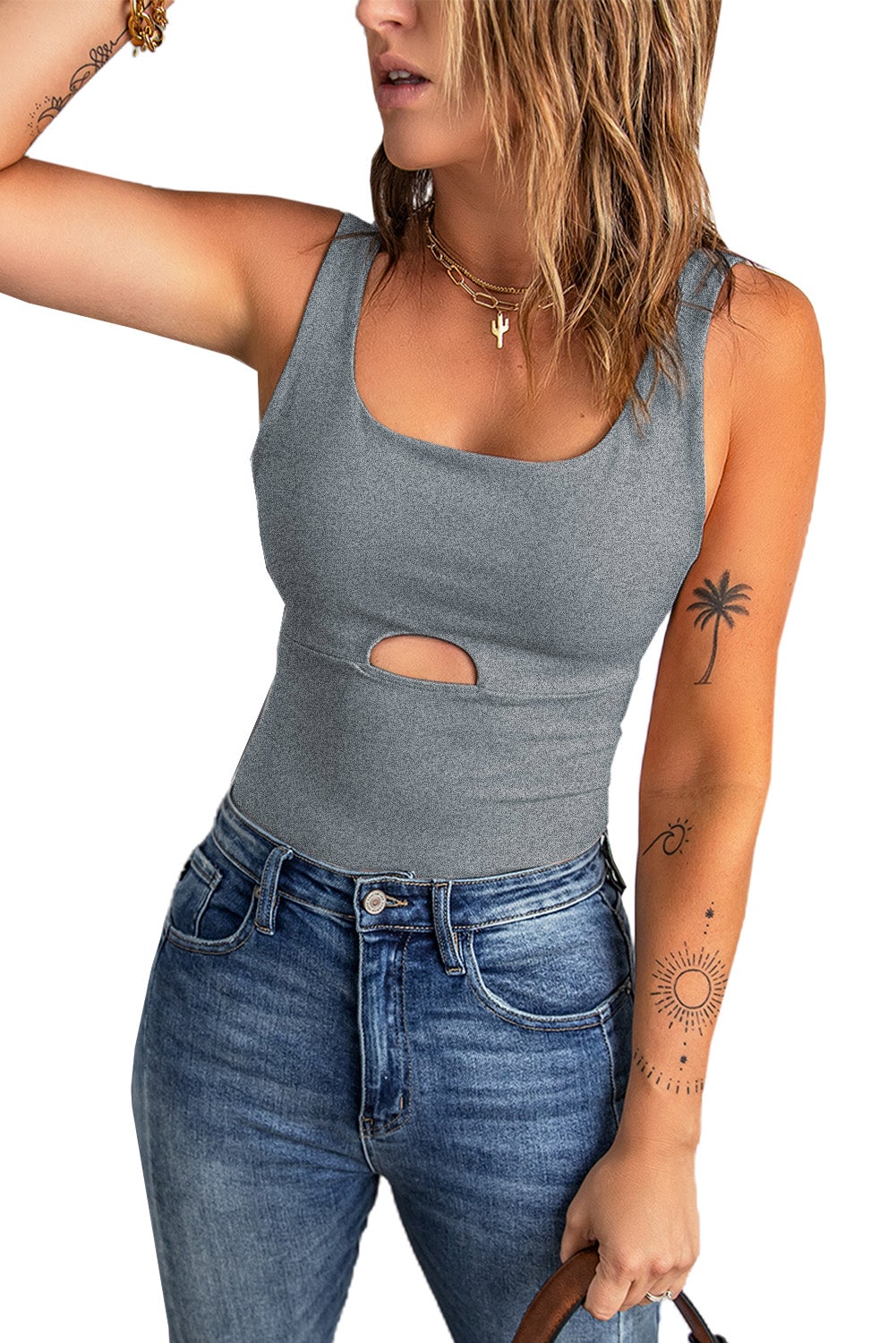 Gray Cut-out Slim-fit Tank Top