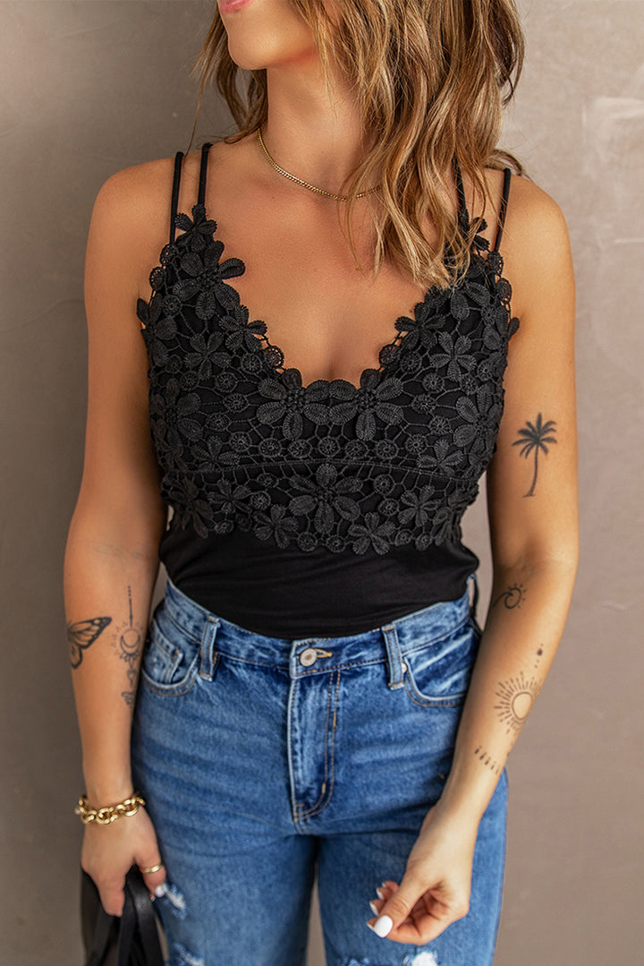 Black Lace Overlay Strappy Hollow-out Tank Top