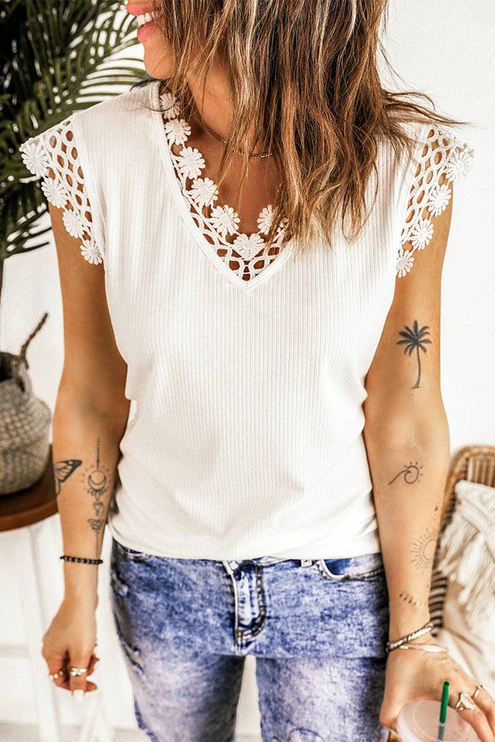 Summer White Lace Crochet Ribbed V Neck Tank Top