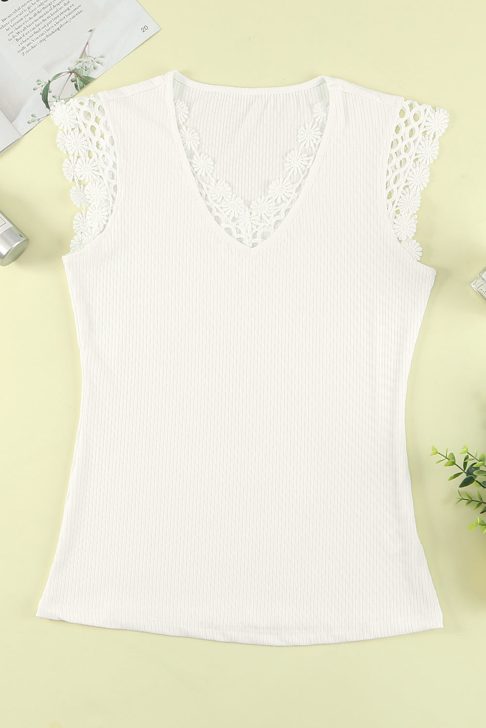 Summer White Lace Crochet Ribbed V Neck Tank Top
