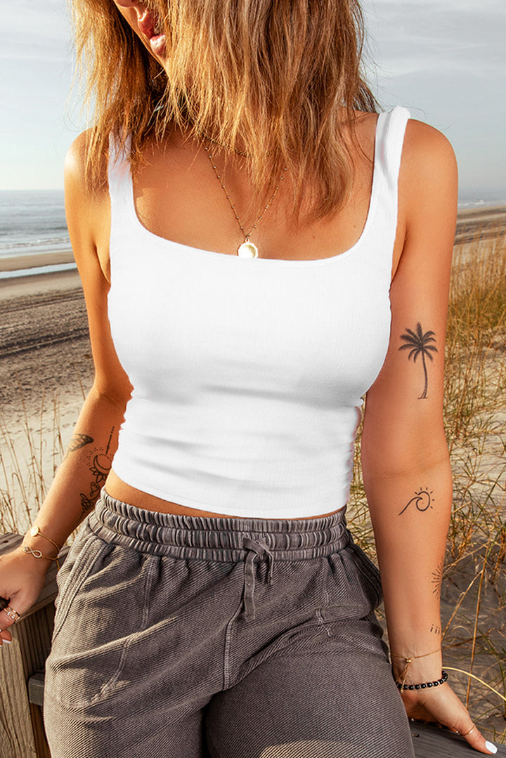 Comfy White Ribbed Knit Skinny Square Neck Crop Tank Top