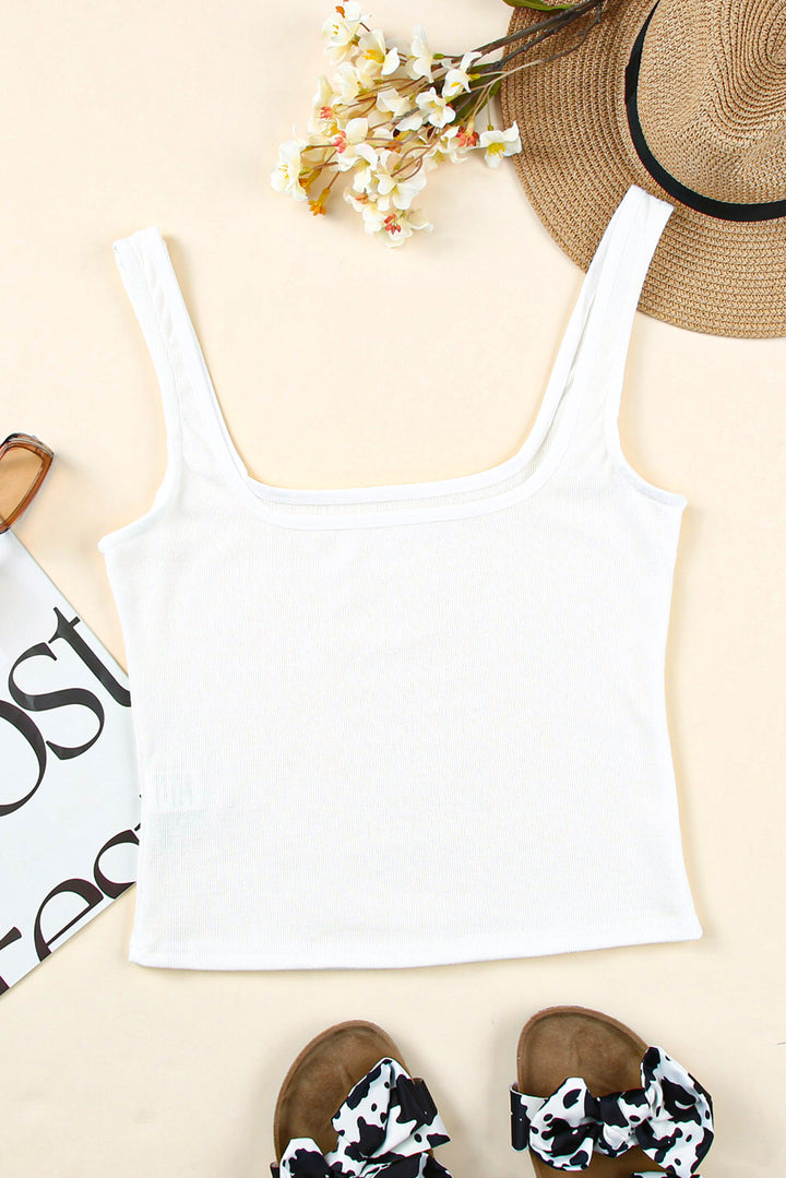 Comfy White Ribbed Knit Skinny Square Neck Crop Tank Top