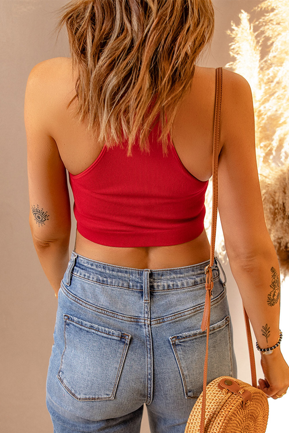Fashion Red Ribbed Skinny Fit Crop Tank Top