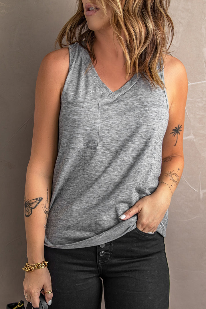 Casual Gray V Neck Racerback Tank Top with Pocket