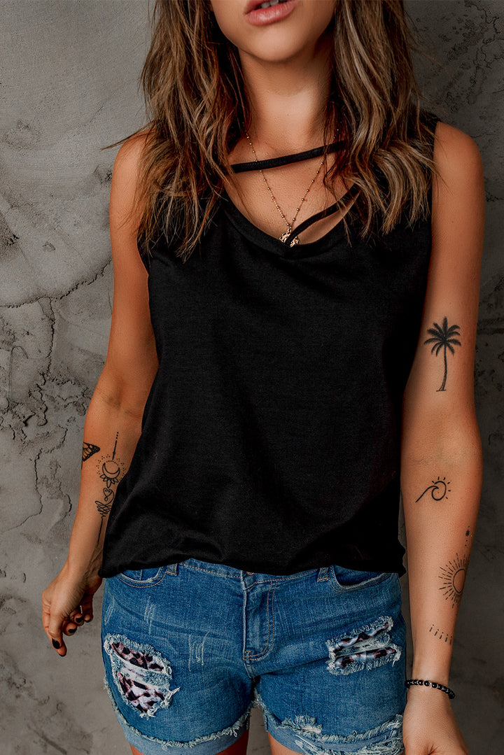 Casual Black Strappy Hollow-out Neck Tank Top