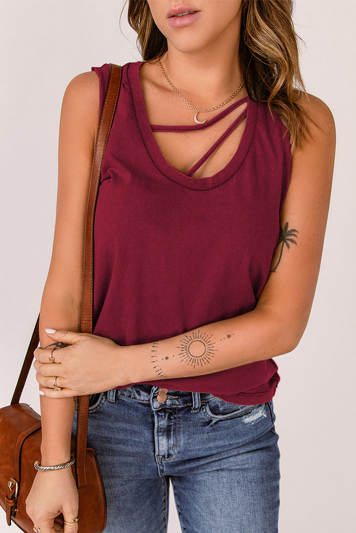 Comfy Red Strappy Hollow-out Neck Tank Top