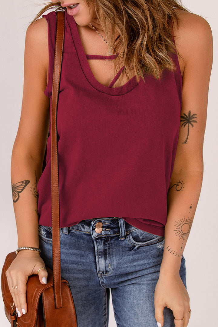 Comfy Red Strappy Hollow-out Neck Tank Top