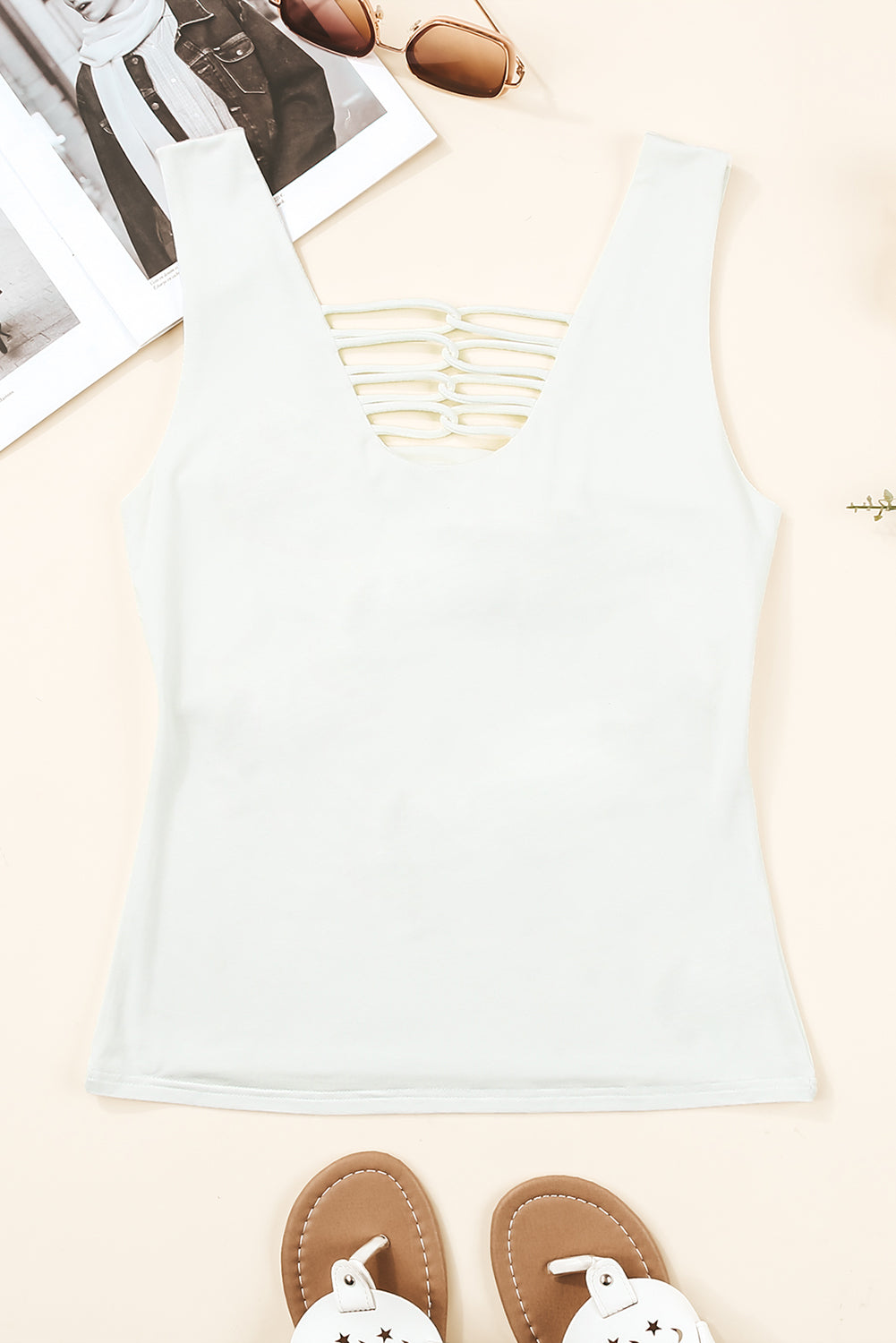 Comfy White Lace up Hollow-out Neck Solid Tank Top