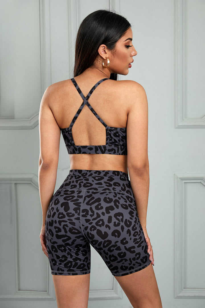Women Charcoal Leopard Print Sports Bra Shorts Set