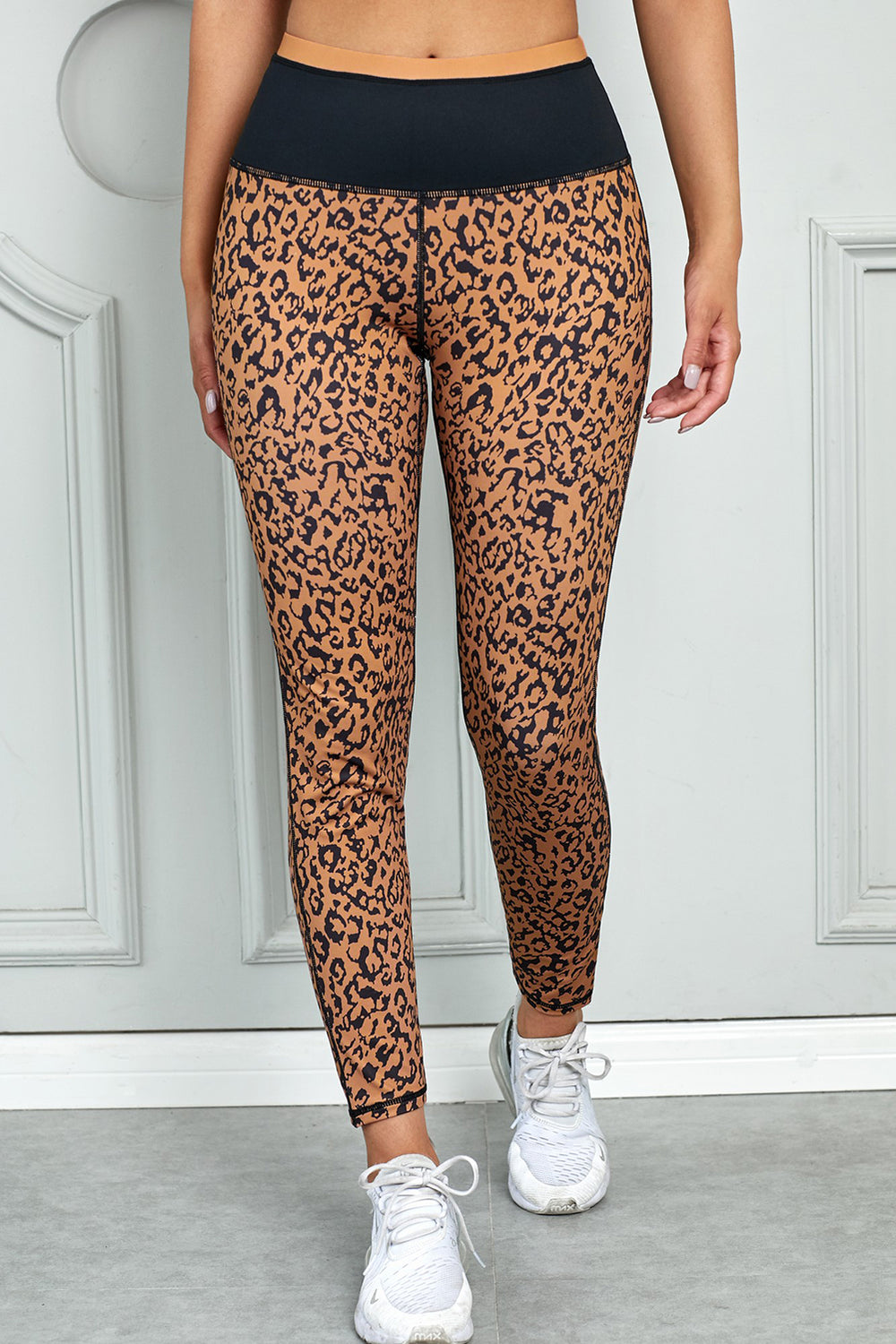 Mocha Leopard Print Wide Waistband Active Yoga Leggings